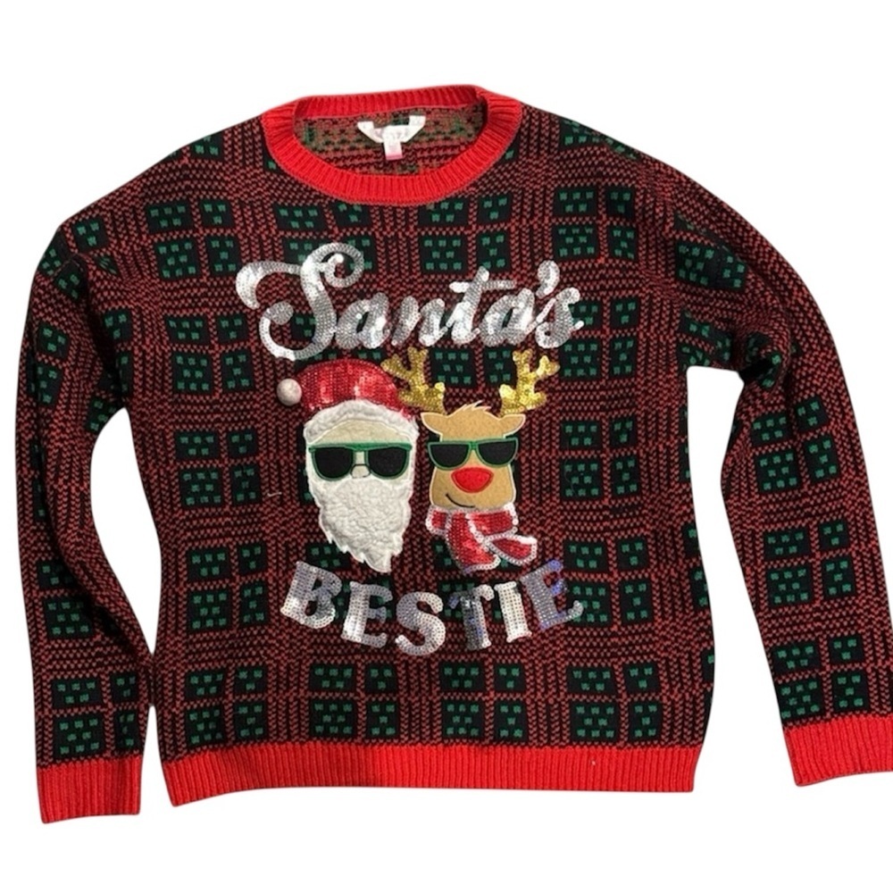 Women’s junior Santa ugly Christmas Sweater cool reindeer top large bling